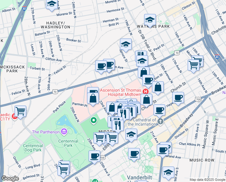 map of restaurants, bars, coffee shops, grocery stores, and more near 2200 Murphy Avenue in Nashville