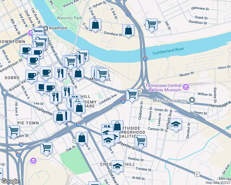 map of restaurants, bars, coffee shops, grocery stores, and more near 52 Lindsley Avenue in Nashville
