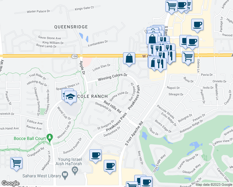 map of restaurants, bars, coffee shops, grocery stores, and more near 9332 Sienna Vista Drive in Las Vegas