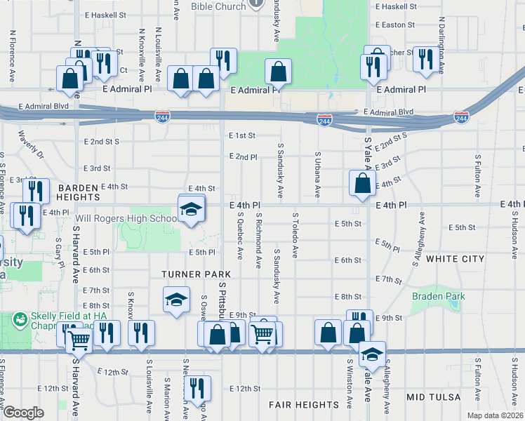 map of restaurants, bars, coffee shops, grocery stores, and more near 4304 East 4th Place in Tulsa