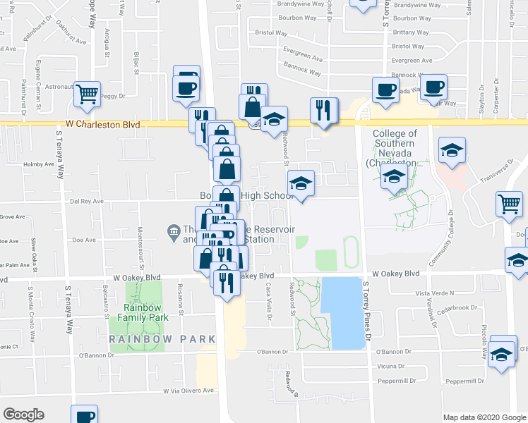 map of restaurants, bars, coffee shops, grocery stores, and more near 1415 Santa Margarita Street in Las Vegas
