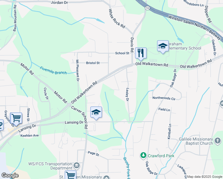 map of restaurants, bars, coffee shops, grocery stores, and more near 5100 Fredonia Avenue in Winston-Salem