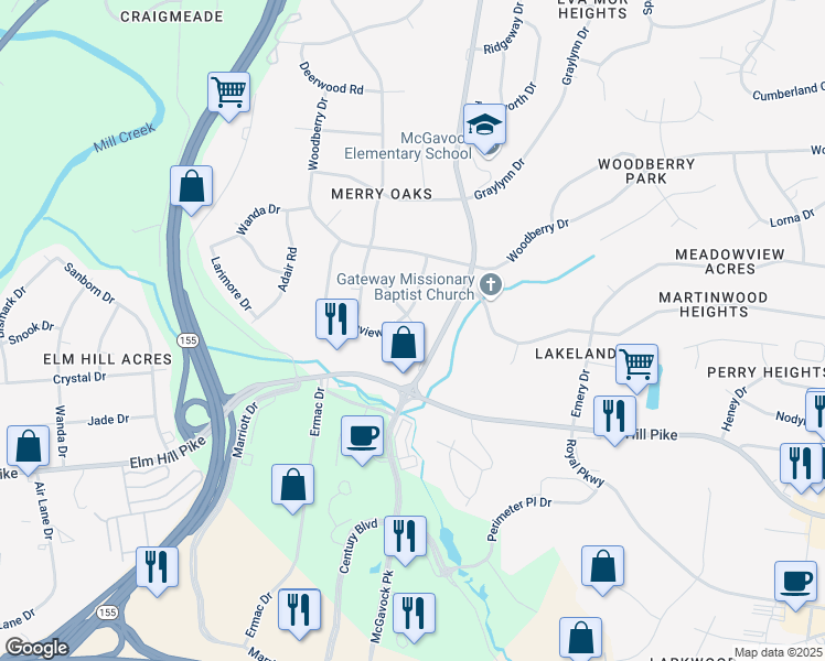 map of restaurants, bars, coffee shops, grocery stores, and more near 2505 Merry Oaks Drive in Nashville