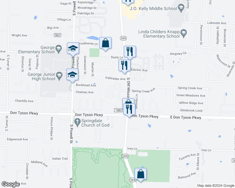 map of restaurants, bars, coffee shops, grocery stores, and more near 3314 South Old Missouri Road in Springdale