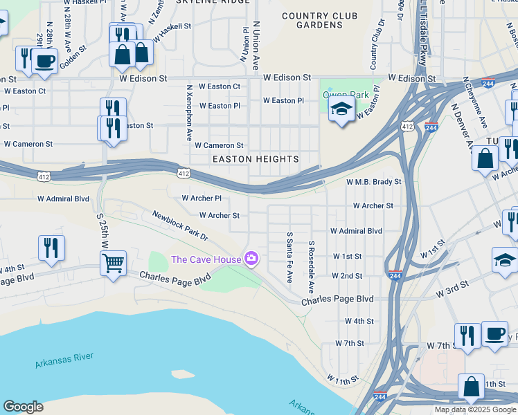 map of restaurants, bars, coffee shops, grocery stores, and more near 24 North Tacoma Avenue in Tulsa