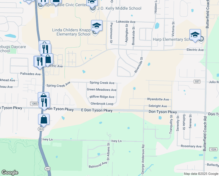 map of restaurants, bars, coffee shops, grocery stores, and more near 2056 Green Meadows Avenue in Springdale