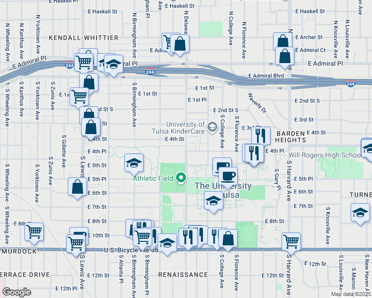 map of restaurants, bars, coffee shops, grocery stores, and more near 425 South Delaware Avenue in Tulsa