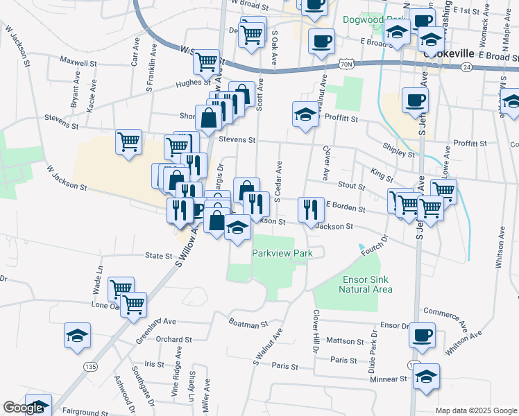 map of restaurants, bars, coffee shops, grocery stores, and more near 434 Scott Avenue in Cookeville