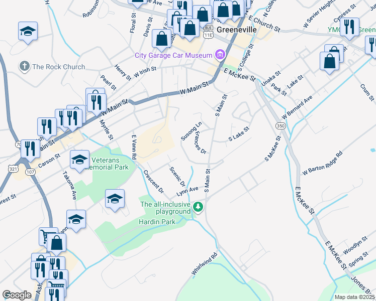 map of restaurants, bars, coffee shops, grocery stores, and more near 209 Susong Lane in Greeneville