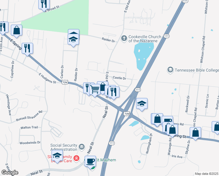 map of restaurants, bars, coffee shops, grocery stores, and more near 454 South Old Kentucky Road in Cookeville