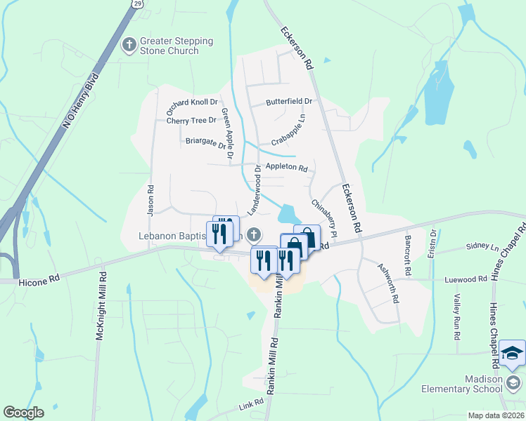map of restaurants, bars, coffee shops, grocery stores, and more near 4104 Landerwood Court in Greensboro