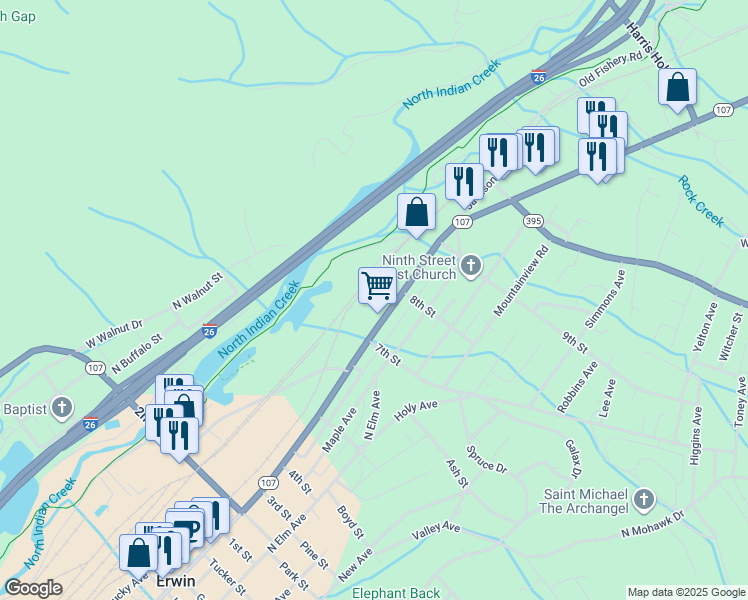 map of restaurants, bars, coffee shops, grocery stores, and more near 915 North Main Avenue in Erwin