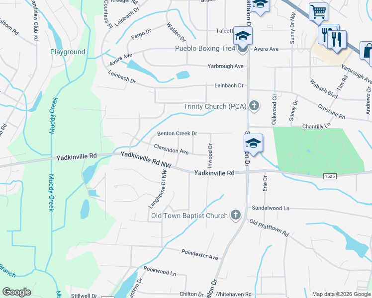 map of restaurants, bars, coffee shops, grocery stores, and more near 4617 Bay Creek Drive in Winston-Salem