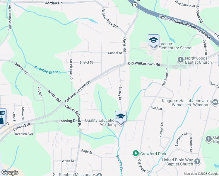 map of restaurants, bars, coffee shops, grocery stores, and more near 5101 Fredonia Avenue in Winston-Salem