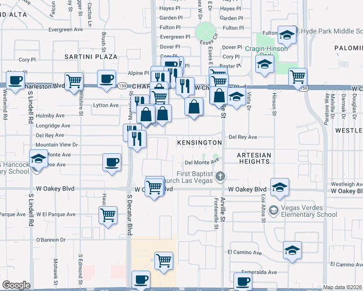 map of restaurants, bars, coffee shops, grocery stores, and more near 1501 Metropolitan Street in Las Vegas