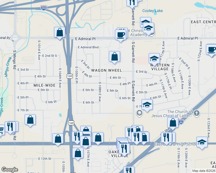map of restaurants, bars, coffee shops, grocery stores, and more near 10915 East 5th Street in Tulsa