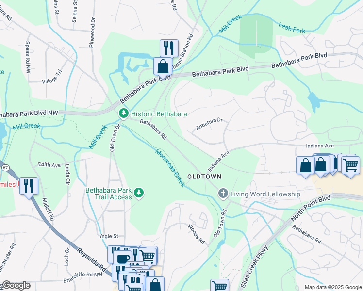 map of restaurants, bars, coffee shops, grocery stores, and more near 2147 Bethabara Road in Winston-Salem