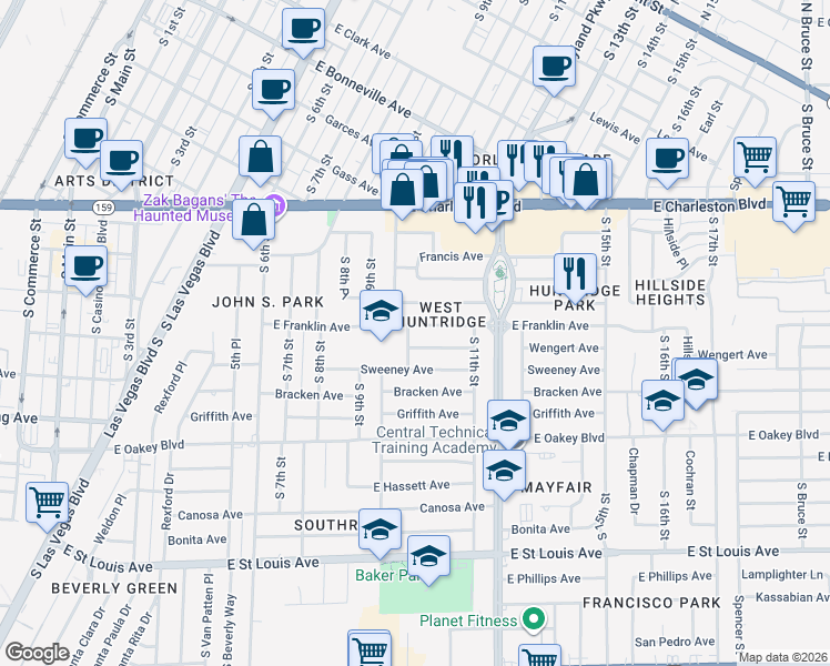 map of restaurants, bars, coffee shops, grocery stores, and more near 1007 Wengert Avenue in Las Vegas