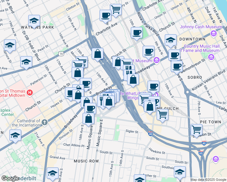 map of restaurants, bars, coffee shops, grocery stores, and more near 1501 Broadway in Nashville