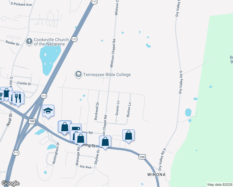 map of restaurants, bars, coffee shops, grocery stores, and more near 515 Scenic Lane in Cookeville