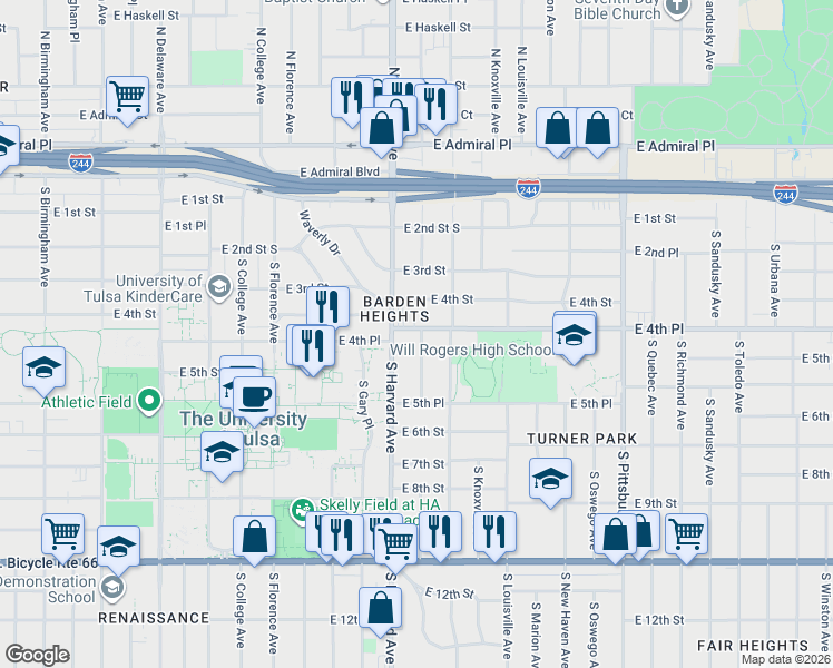 map of restaurants, bars, coffee shops, grocery stores, and more near 3320 East 4th Place in Tulsa