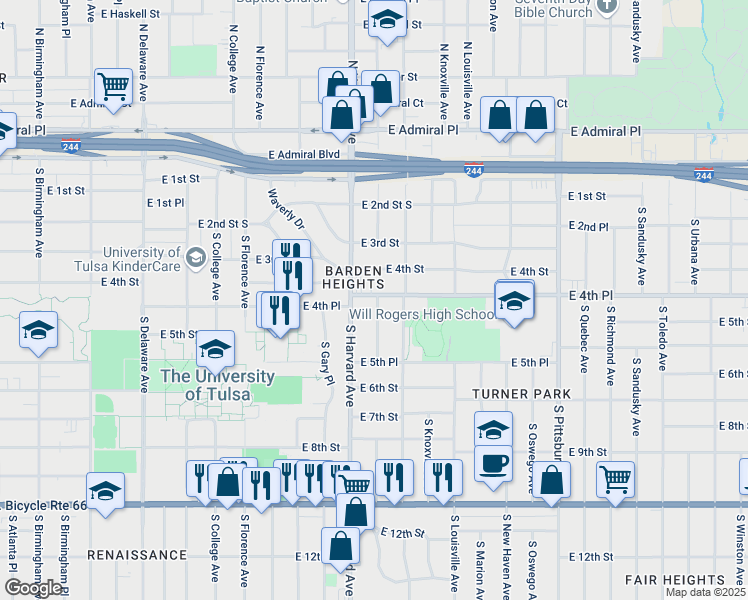 map of restaurants, bars, coffee shops, grocery stores, and more near 3320 East 4th Place in Tulsa