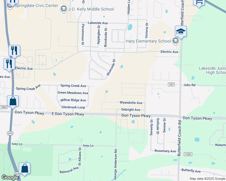 map of restaurants, bars, coffee shops, grocery stores, and more near 2485 Julio Road in Springdale