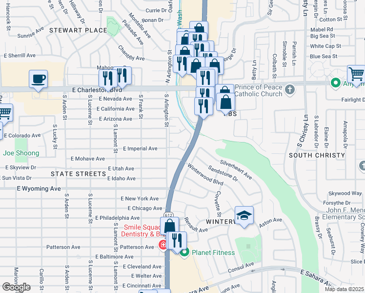 map of restaurants, bars, coffee shops, grocery stores, and more near 1405 South Nellis Boulevard in Las Vegas