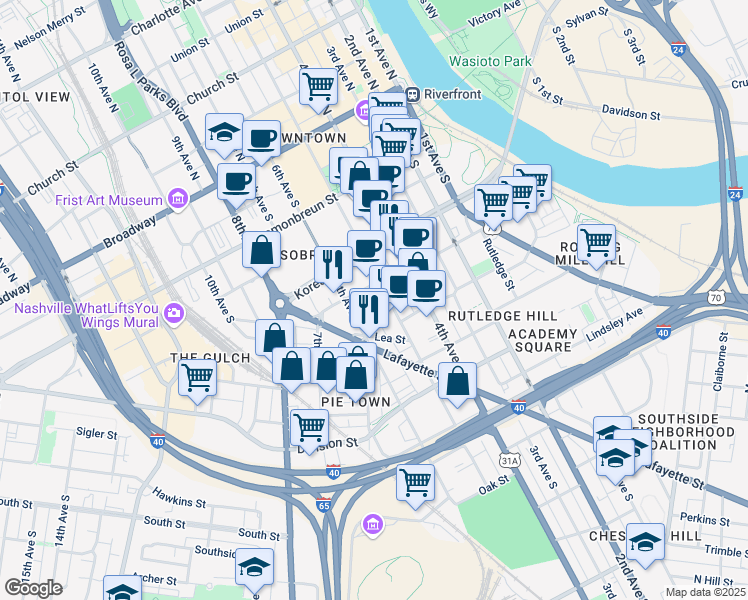 map of restaurants, bars, coffee shops, grocery stores, and more near 514 Rep. John Lewis Way South in Nashville