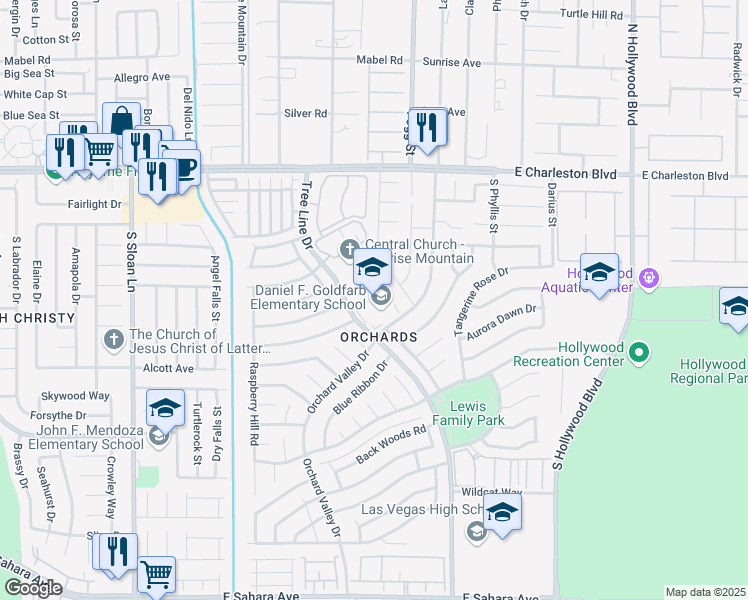 map of restaurants, bars, coffee shops, grocery stores, and more near 1651 Orchard Valley Drive in Las Vegas