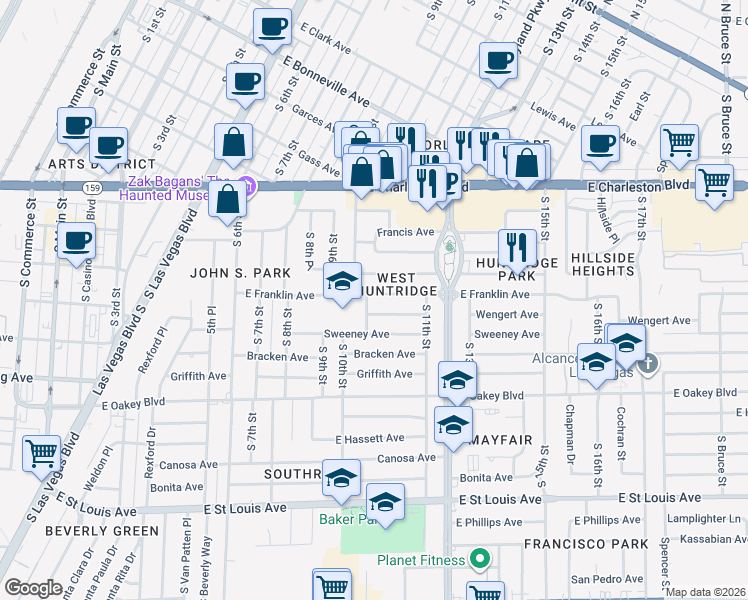 map of restaurants, bars, coffee shops, grocery stores, and more near 1007 Wengert Avenue in Las Vegas