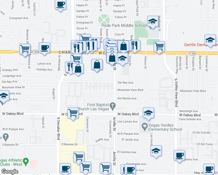 map of restaurants, bars, coffee shops, grocery stores, and more near 4404 Del Monte Avenue in Las Vegas