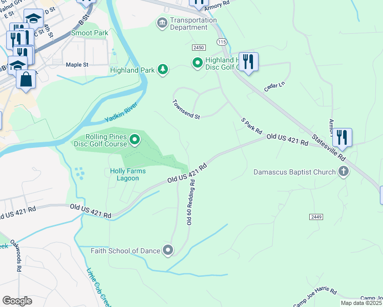 map of restaurants, bars, coffee shops, grocery stores, and more near 1079 Old US 421 Road in Wilkesboro