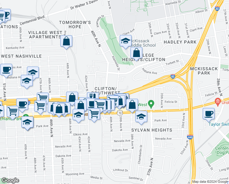 map of restaurants, bars, coffee shops, grocery stores, and more near 515 39th Avenue North in Nashville