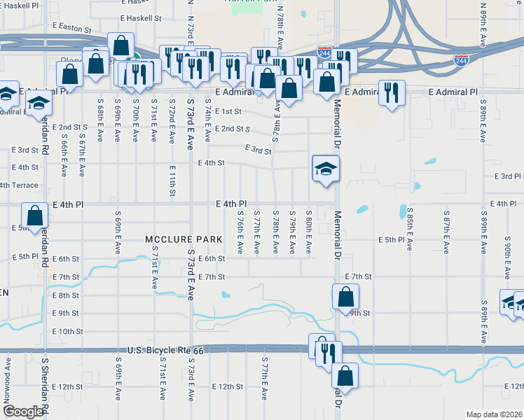 map of restaurants, bars, coffee shops, grocery stores, and more near 472 South 77th East Avenue in Tulsa