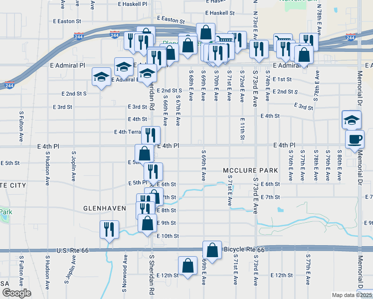 map of restaurants, bars, coffee shops, grocery stores, and more near 6729 East 5th Street in Tulsa