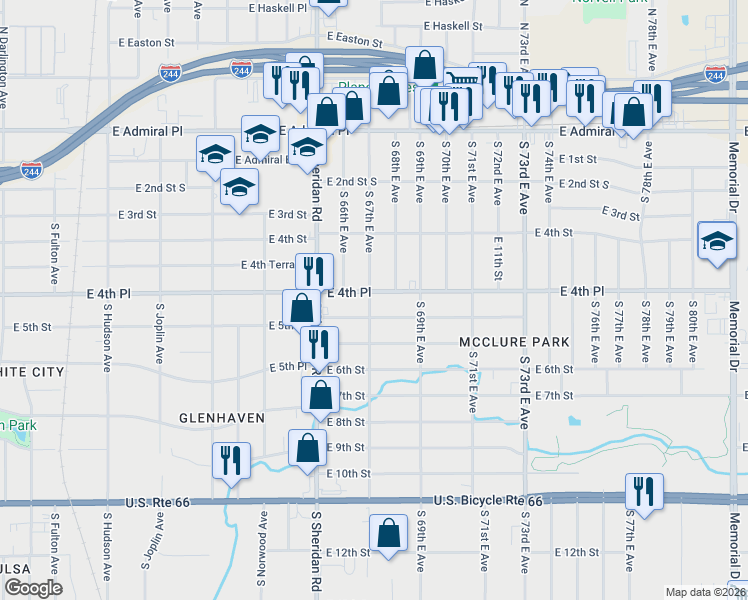 map of restaurants, bars, coffee shops, grocery stores, and more near 6545 East 5th Street in Tulsa