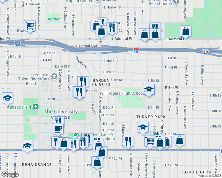 map of restaurants, bars, coffee shops, grocery stores, and more near 442 South Jamestown Avenue in Tulsa