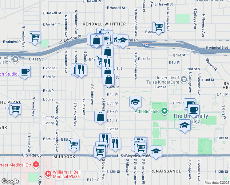 map of restaurants, bars, coffee shops, grocery stores, and more near 2462 East 4th Place in Tulsa