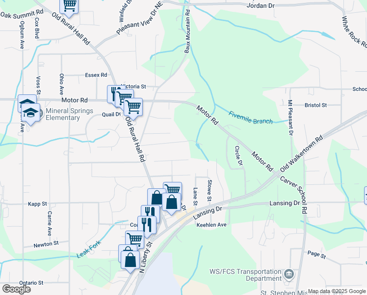 map of restaurants, bars, coffee shops, grocery stores, and more near 1288 Opportunity Road in Winston-Salem