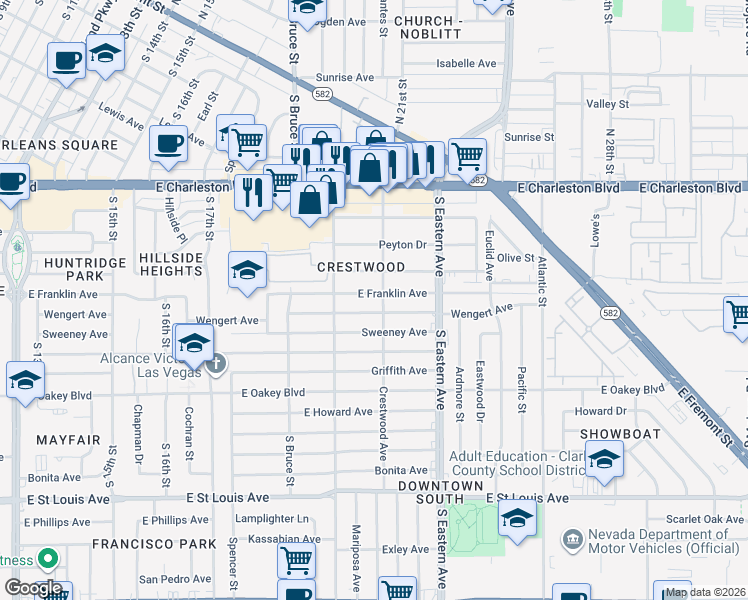 map of restaurants, bars, coffee shops, grocery stores, and more near 1921 Wengert Avenue in Las Vegas