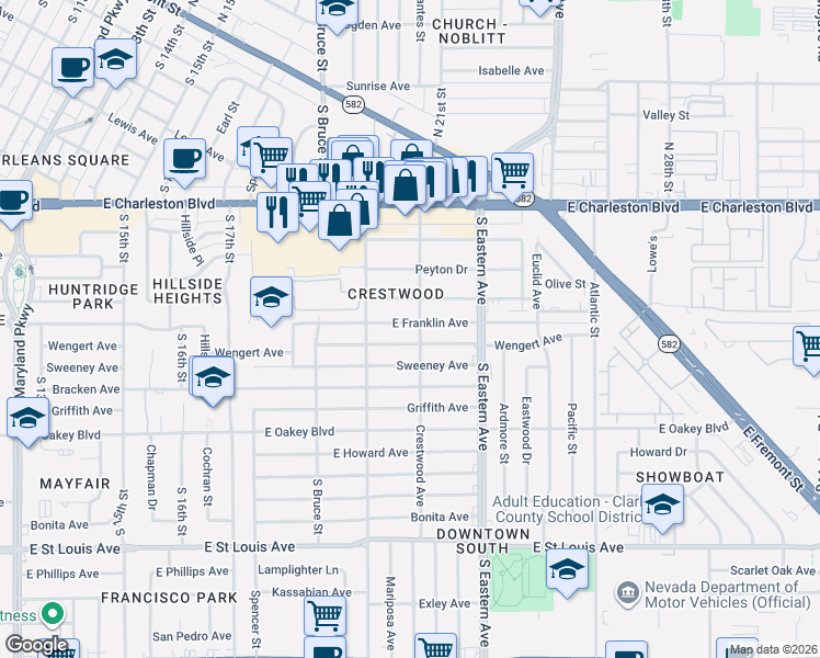 map of restaurants, bars, coffee shops, grocery stores, and more near 1928 East Franklin Avenue in Las Vegas