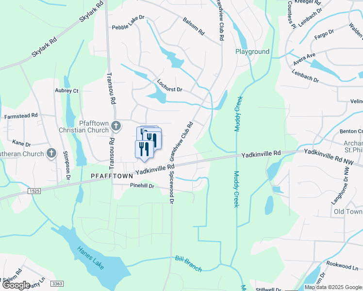 map of restaurants, bars, coffee shops, grocery stores, and more near 3231 Grandview Club Road in Pfafftown