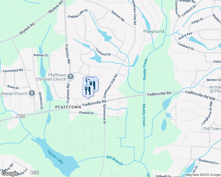 map of restaurants, bars, coffee shops, grocery stores, and more near 3231 Grandview Club Road in Pfafftown