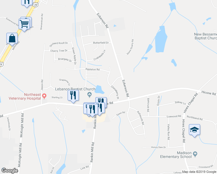 map of restaurants, bars, coffee shops, grocery stores, and more near 5701 Chinaberry Place in Greensboro
