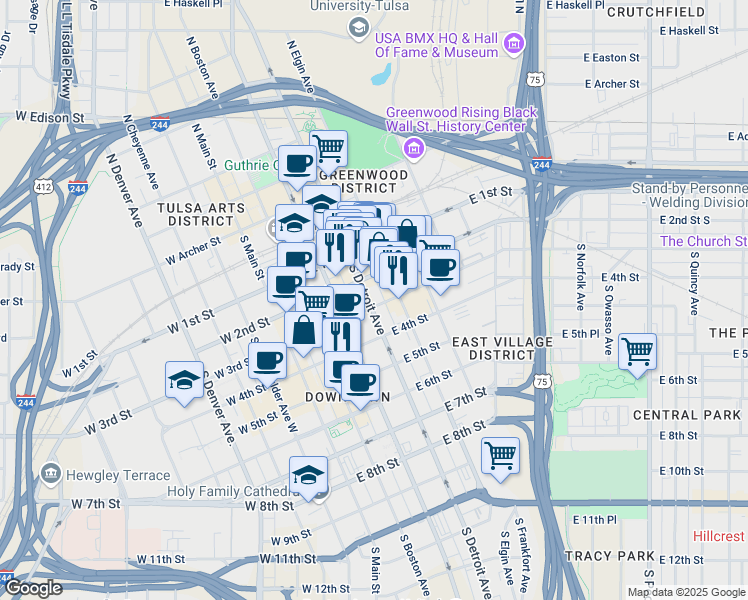 map of restaurants, bars, coffee shops, grocery stores, and more near 301 East 3rd Street in Tulsa