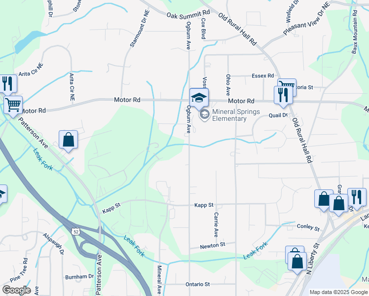 map of restaurants, bars, coffee shops, grocery stores, and more near 4500 Ogburn Avenue in Winston Salem
