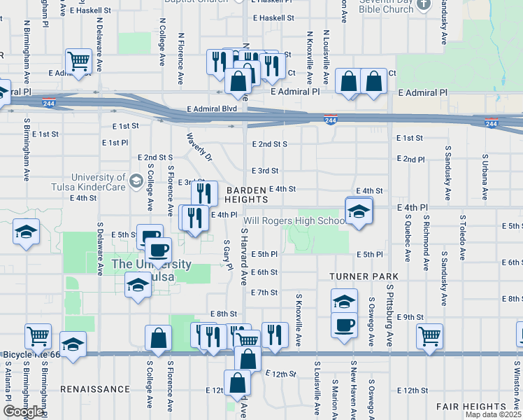map of restaurants, bars, coffee shops, grocery stores, and more near 3322 East 4th Place in Tulsa