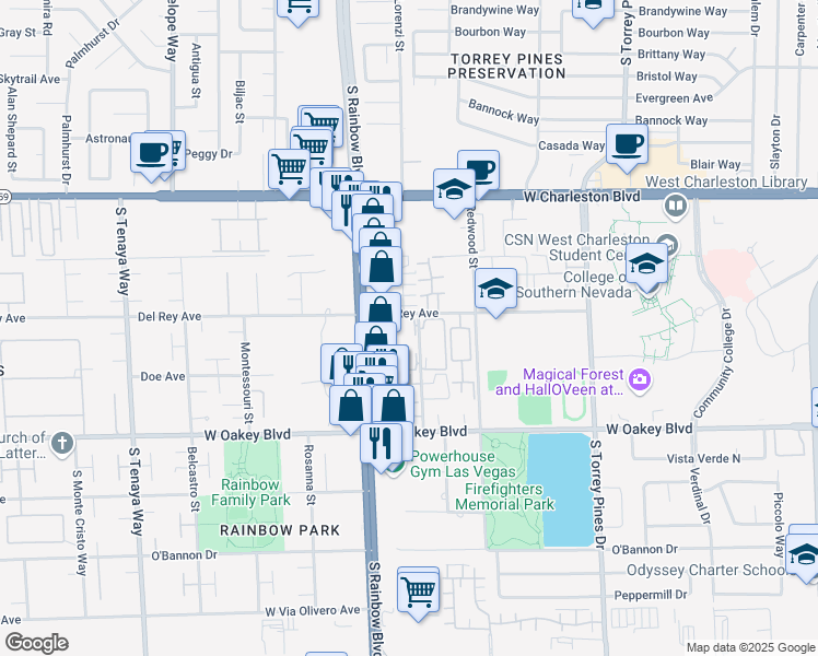 map of restaurants, bars, coffee shops, grocery stores, and more near 1400 Santa Margarita Street in Las Vegas