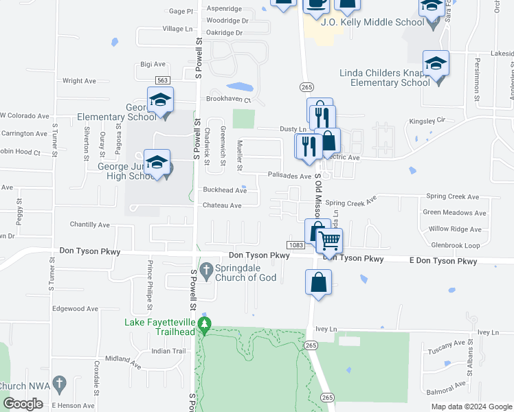 map of restaurants, bars, coffee shops, grocery stores, and more near 879 Chateau Avenue in Springdale